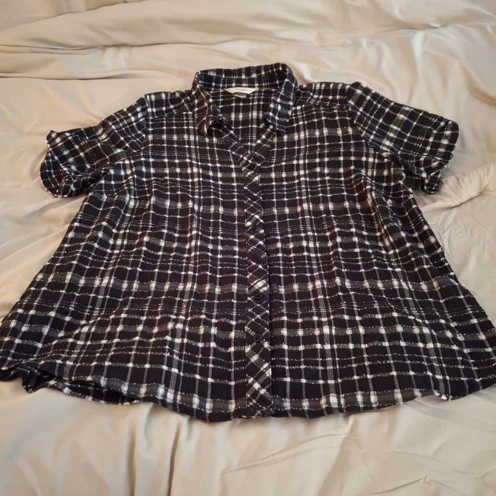 CJ Banks Women's Monochrome Plaid Short Sleeve Shirt - Picture 3 of 7